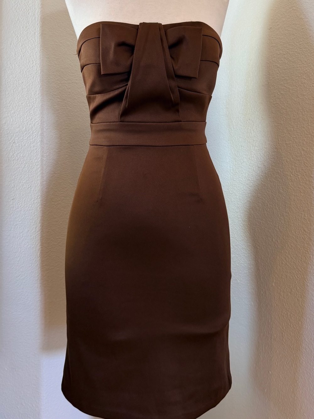BCBG Paris Strapless Bow-Front Chocolate Brown Sheath Dress
